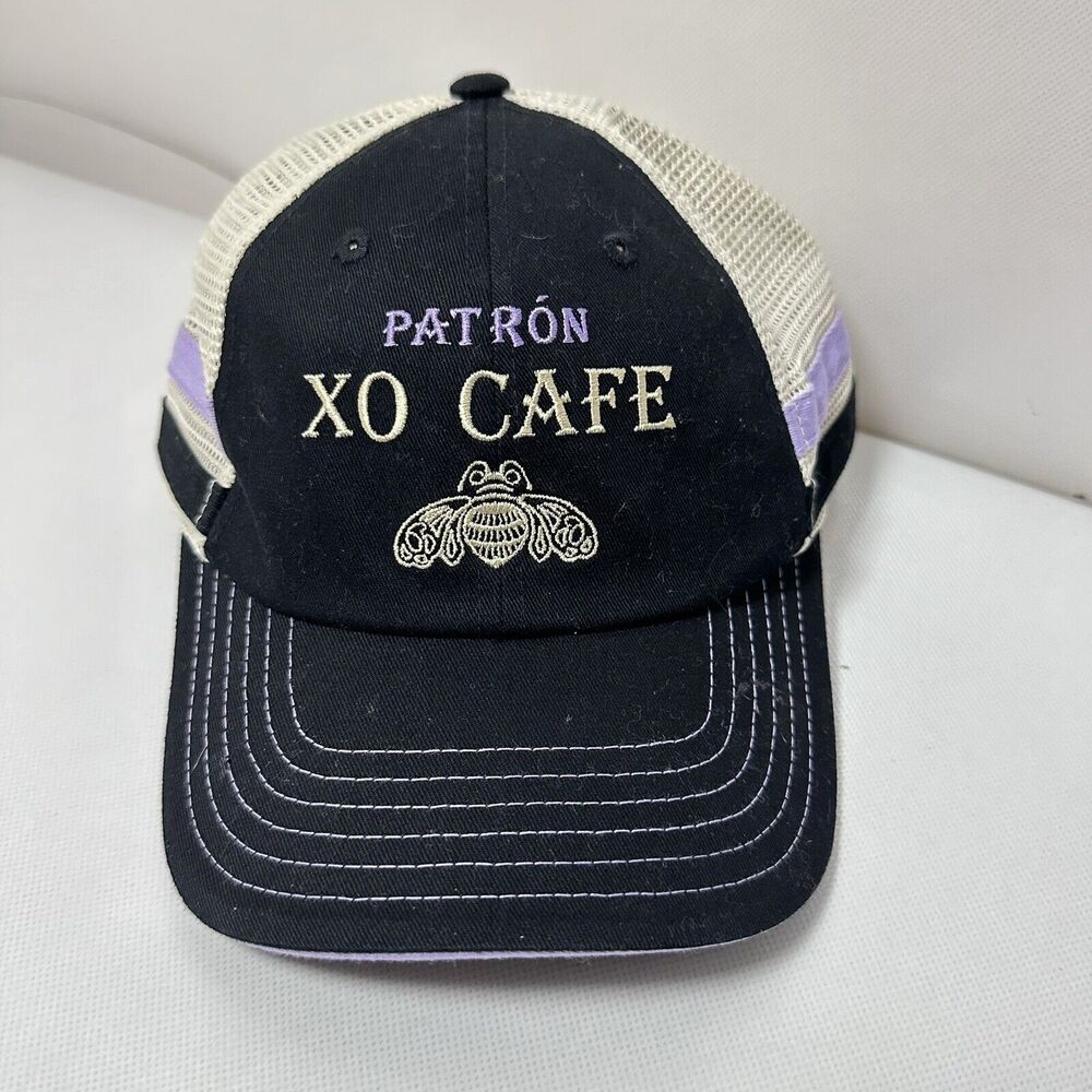 Patron Tequila Hat Mesh Trucker Two Stripes Baseball Cap Black Embroidered Bee